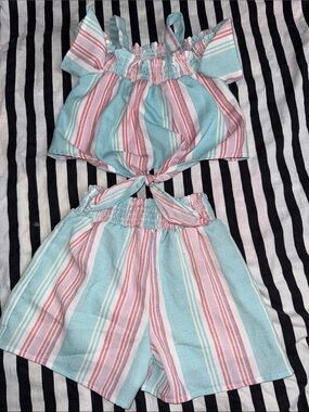 Love Squared Aqua, Pink & White Striped Girls Shorts Set